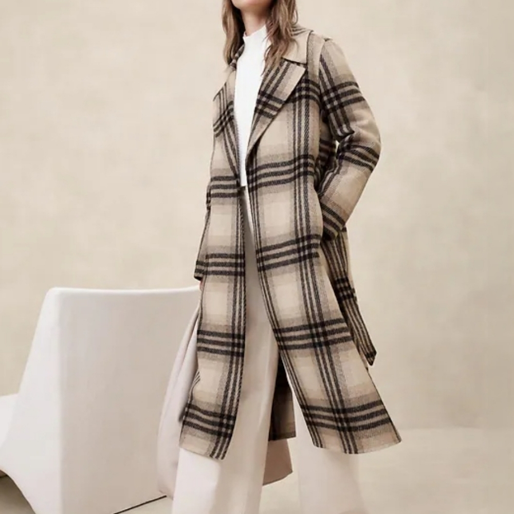 Banana Republic Double Face Wool Blend Tie Waist Wrap Coat White Plaid Xl